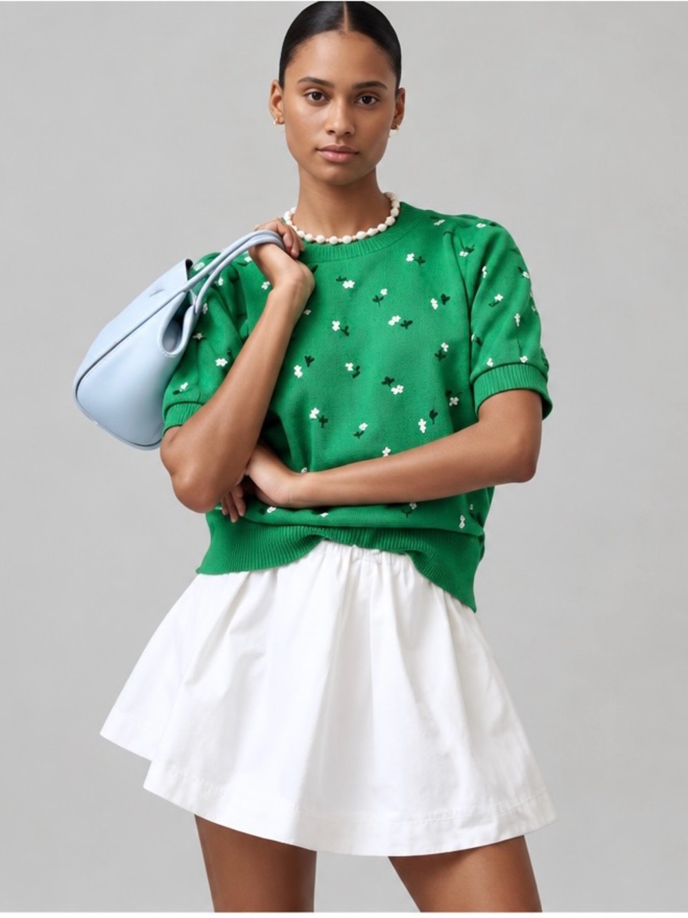 Maeve Green Short-Sleeve Floral Knit Top